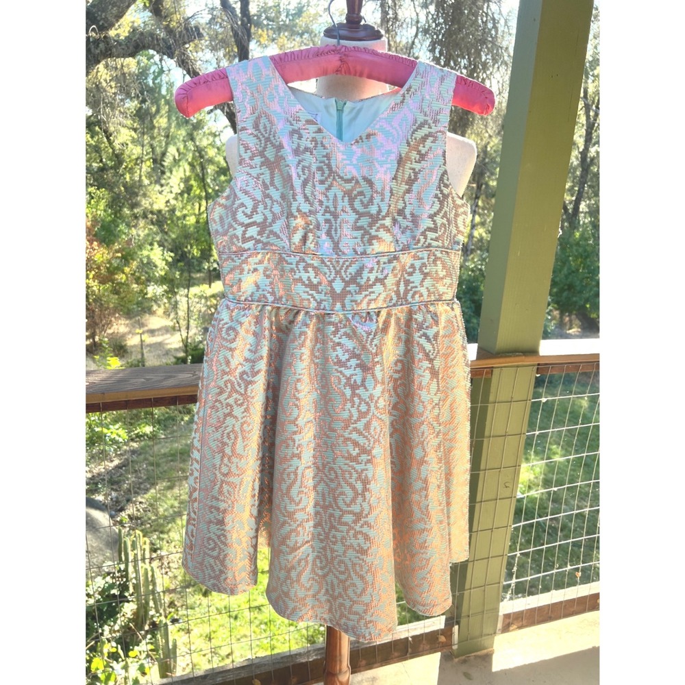 Pippa & Julie Kids Girls Aqua Rose Gold Metallic Jacquard Party Dress Size 12